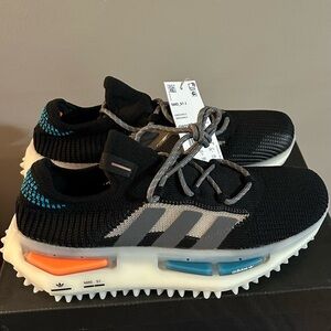Adidas Kids Black Sneakers with Blue and Orange Accents